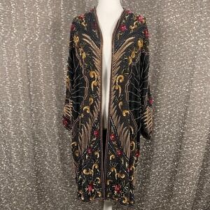 VTG Judith Ann Creations Bead Sequin Silk Jacket Kimono 80s Opera Coat Duster, S